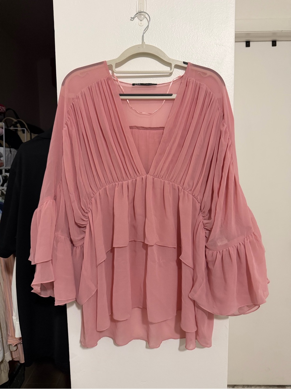 Zara Rose Pink Layered Ruffle V-Neck Blouse